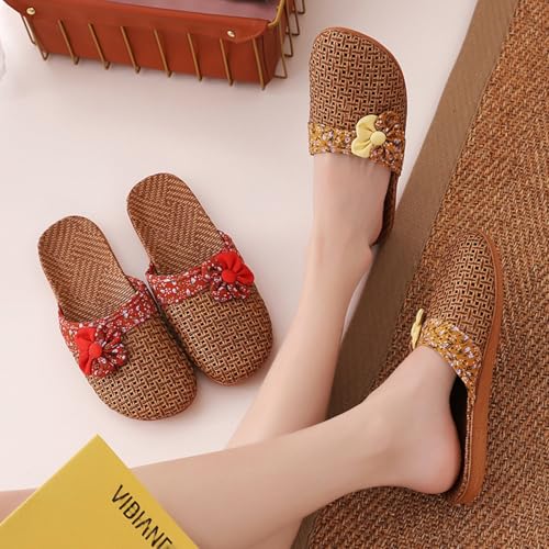 Shower Slippers Summer Mat Women's Linen Home Wooden Floor Couple Straw Indoor Men-orange Red Flowers-35-363