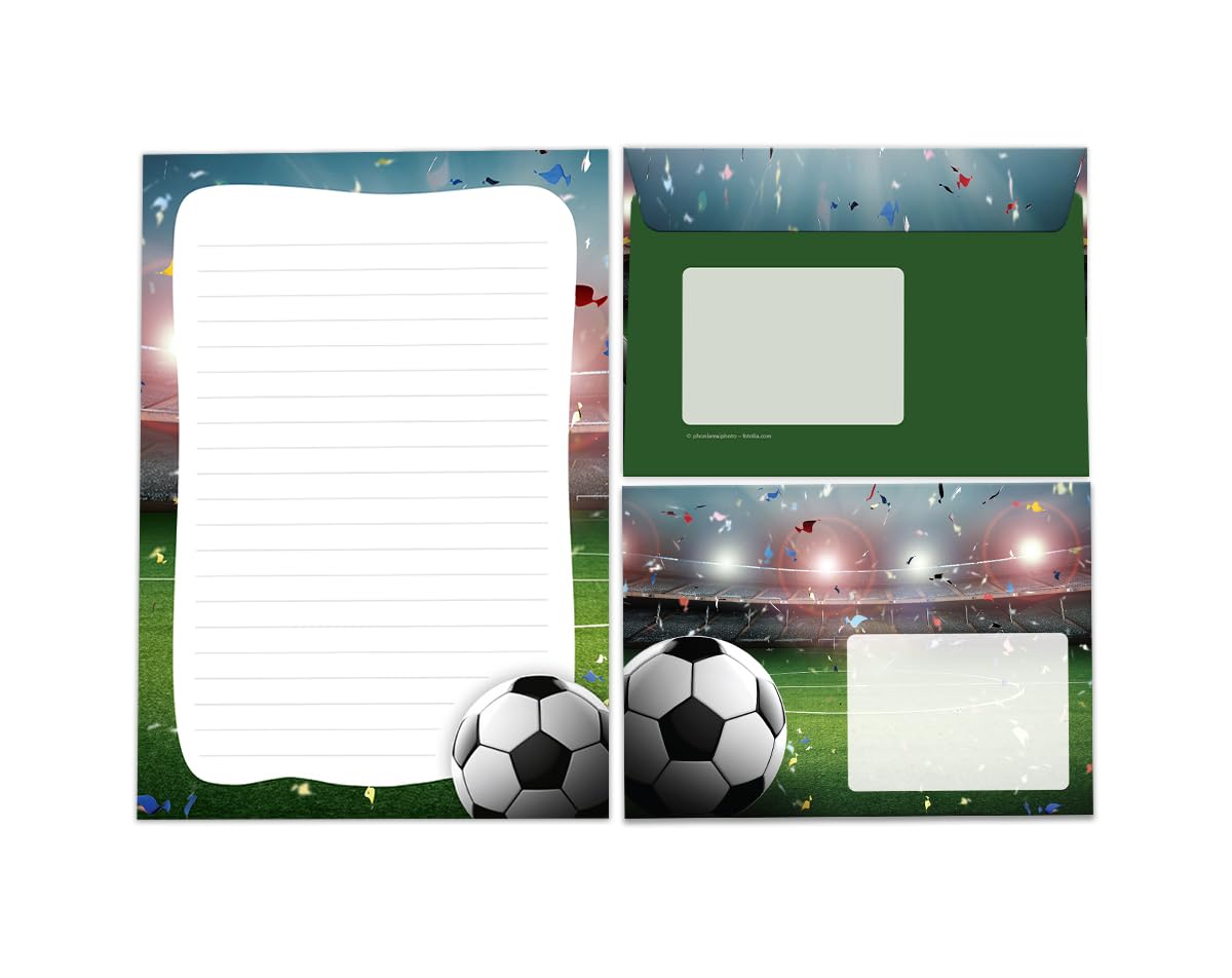 Writing Paper Set Letter Pad with Envelope for Boys Children Football Green Children's Motif Letter Paper Pad Lined (A5 Pad with 25 Sheets + 15 Envelopes)