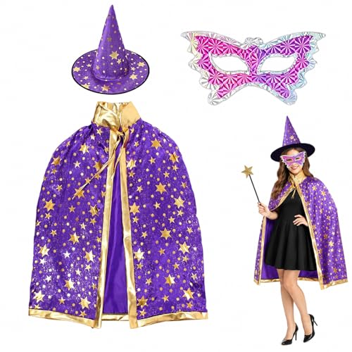 YTAXYZWR Déguisement Enfant Sorcier Halloween Costume 3 Pièces avec Cape Chapeau Masque 80cm Noir Doré pour Fête Cosplay Spectacle Accessoire