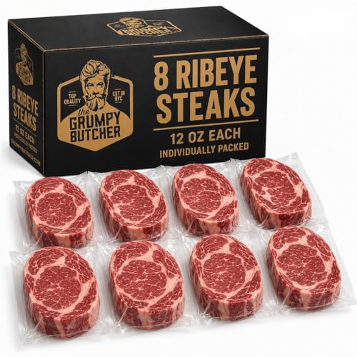 Grumpy Butcher Aged Ribeye Steaks, 8 Pack - USDA Top Third Angus Choice Beef Ribeye Steaks, Steakhouse Quality Freezer Stock-Up Pack - Ships Frozen
