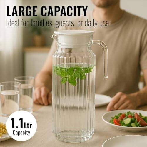 Image of Water Jug - Detox Glass Jugs with Lid for Dining Table - Elegant 1100 ml Transparent Pitcher for Juice, Iced Tea, Infused Water, Milk, Lemonade, Hot & Cold Beverages, Droplis