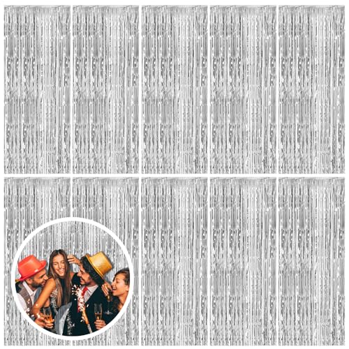 Image of 10 Pack Silver Backdrop Curtain Party Decorations Foil Fringe Backdrop Silver Tinsel Streamers Birthday Bachelorette New Year Christmas Wedding Baby Shower Disco Party Decorations