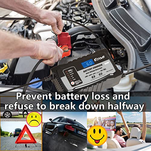 Katbo Automatic Battery Charger 12V 6V Auto-Voltage Detection, Automotive Battery Charger 2Amp 6 Amp Lead Acid Batteries Float Charger Maintainer For Motorcycle Car Boat Marine Lawn Mower Atv Toy Car #TOP2