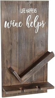 Oasis Life Happens Wine Helps Wall Mounted Wooden Wine Bottle Shelf with Glass Holder, Restored Wood, Holds 1 Wine Bottle and 2 Glasses for Rustic Decor