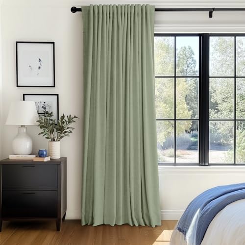 Image of 100% Blackout Shield Linen Blackout Sliding Door Curtains for Living Room, Back Tab /Rod Pocket Thermal Insulated Curtains for Sliding Glass Doors, 1 Panel Set, 100 inch W x 96 inch L, Sage