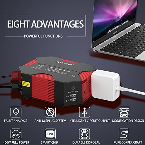 BESTEK 400W 400Watt 400W/500W DC 12V 110V Inverter with 4 USB Charging Ports, Power Converter with 2 AC Outlets Battery Clip Charger, Car Adapter (Upgrade Version)