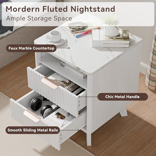 Image of Fluted Nightstand with 2 Drawers, 18 inch Modern Night Stand with Faux Marble Top, Open Storage Shelf, Curved Edge Bedside Table for Bedroom, End Side Table (2, White)