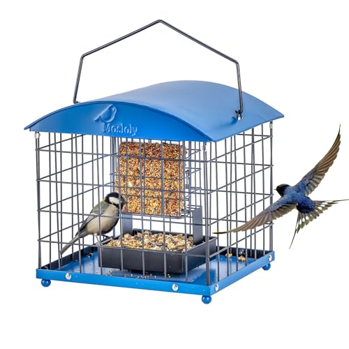 Caged Suet Bird Feeders Squirrel-Proof, Dual-Purpose Suet &Seed Wild Bird Feeders with Tray, Starling-Proof Metal Caged Bird Feeders Outdoors Hanging, 2 Suet Cakes+1lb Seed Capacity, Blue