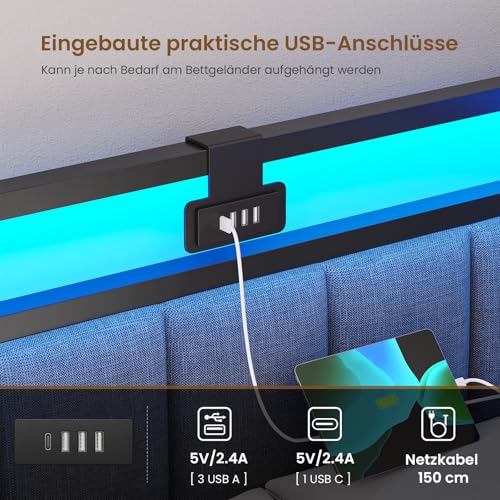 DICTAC Polsterbett Schlafsofa 90x200 mit LED-Beleuchtung und USB-Ladestation,Jugendbett Tagesbett 90x200 mit Lattenrost aus Metall und 2 Schubladen,Gästebett,Bettgestell ohne Matratze,Dunkelgrau