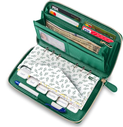 Image of Three Way Cut Cash Envelope Wallet Emerald Green All in One Budget System RFID Blocking with 12x Tabbed Envelopes 12x Monthly Budget Cards 1x Yearly Budget Planner Sheet Complete Money Organizer Set