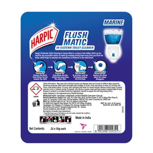 Image of Harpic 100 gm - Marine, Flushmatic In-Cistern Toilet Cleaner Blocks | Suitable for Toilet Bowls (Pack of 3)