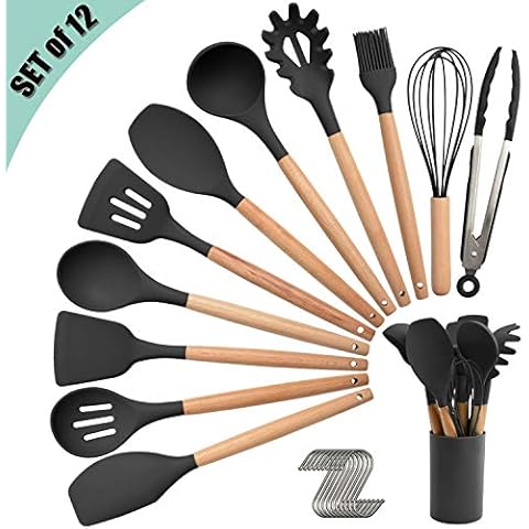 Silicone Kitchen Utensil Set, Cooking Spatulas Soup Ladle Slotted Spoon Turner Pasta Server Basting Brush Tongs Whisk Wooden Handle Heat Resistant Cookware Non-Stick Kitchen Gadgets Tools 12 Pcs Cover