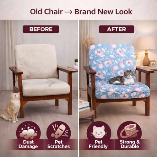 Image of STITCHNEST 'Contour Fit Series' Stretchable Printed Wooden Sofa Cover (Pack of 2) - Elastic Wooden Chair Cover | Wooden Sofa Seat Cover | Size - 20-21 x 20-21 x 3-5 in