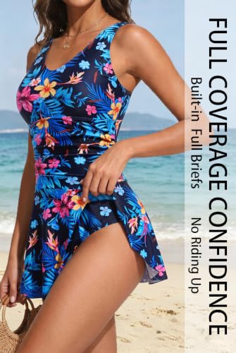 Image of Yonique One Piece Swimsuits for Women Modest Tummy Control Swimdress Vintage Bathing Suits Skirt Swimwear