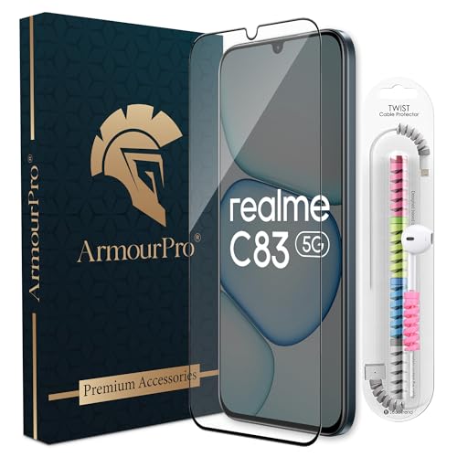 Image of ArmourPro Military-Grade Tempered Glass for Realme C83-9H Anti Scratch, Edge-to-Edge Coverage, HD Clarity, Smooth Touch, Case Friendly, Easy Installation Kit with Cable Protector