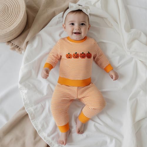 Toddler Baby Boy Girl Halloween Outfit Pumpkin Ghost Embroidery Striped Waffle Sweatshirt and Pants Set Fall Clothes4