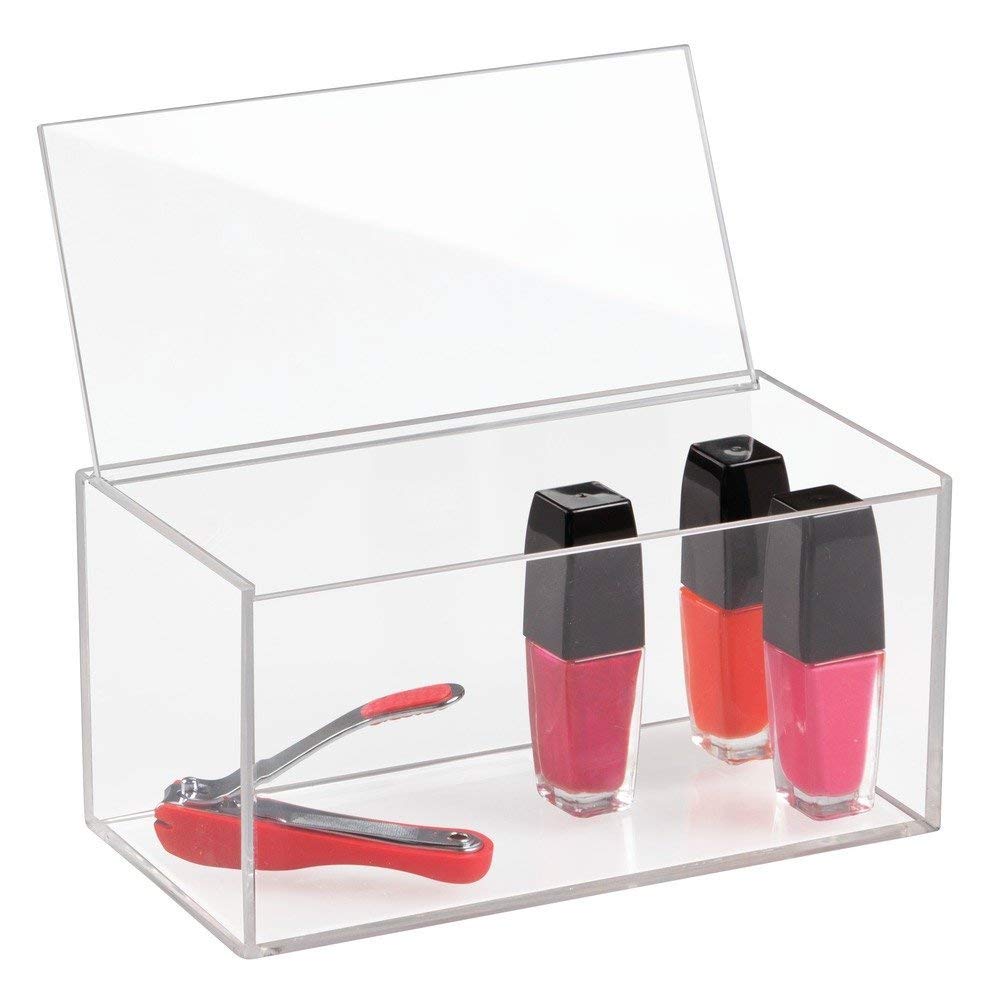 iDesign Pudełko 39650 z pokrywką, średnia wielkość łazienki z tworzywa sztucznego wolnego od BPA, organizer do makijażu cieni do powiek, szminek, wacików i innych, przezroczyste, 20,3 x 10,2 x 10,2 cm