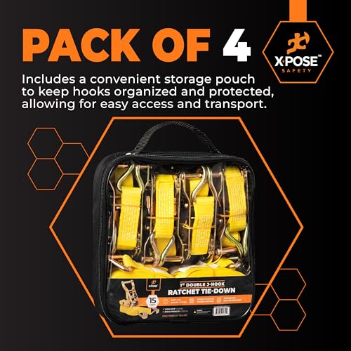 Image of Xpose Safety 4-Pack Retractable Ratchet Straps with Double J Hooks, Heavy Duty 1 inch x 15', 3,000 lbs Break Strength Tie-Downs for Truck, Trailer, Kayak & Motorcycle