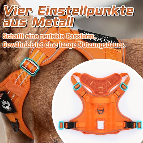 rabbitgoo Hundegeschirr mittelgroße Hunde, Anti Zug Geschirr Hund Verstellbar mit Griffe Verbreitert, Robust und Verschleißfest, Taktisches Hundegeschirr mit Metallschnallen zum Wandern(M, Orange)