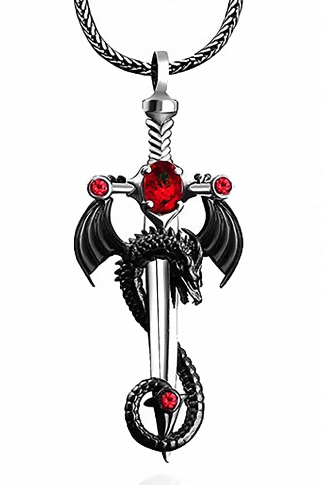 Luck Trader Collana con ciondolo a forma di spada di drago medievale, gotico, steampunk, punk, gioiello da uomo, Cristallo