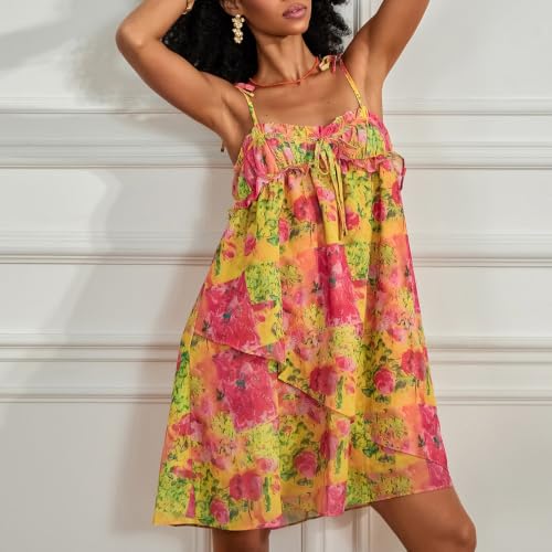 Image of Women Boho Floral Mini Cami Dress Spaghetti Strap Flowy Sling Dress Graphic Backless Summer Holiday Sundress