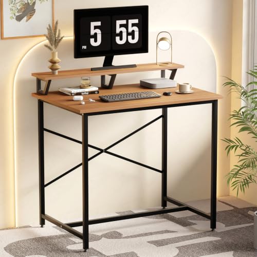 Image of Lukzer X-Support Study Table with Monitor Riser for Home Office (MST-009 /Black & Oak Brown) Metal & Engineered Wood Laptop & Computer Workstation Desk for Student, DIY Spacious Tabletop (90x60x86 cm)