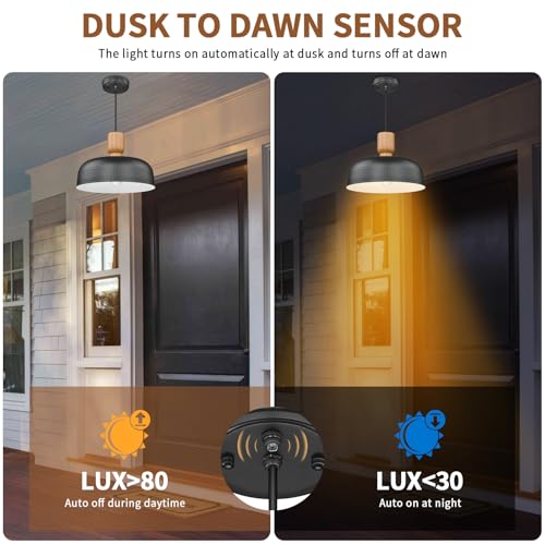 Image of Darkaway Dusk to Dawn Industrial Pendant Light Fixtures Ceiling Hanging with Hammered Metal Shade, 2pcs Black Pendant Light for Outdoor Porch Lighting Hanging Lamp Adjustable Height