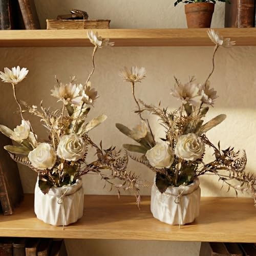 Image of Dekorly Artificial Lavender Plant in White Pot, 18cm - Realistic Faux Flower Arrangement for Home & Office Decor (Set of 1) (2, White Dry ROS)