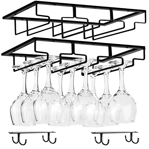 Lot de 4 porte-verres à vin à suspendre sous une armoire, support en métal pour verres à vin, 3 rangées de crochets en métal noir avec 2 porte-tasses pour cuisine, bar, salon Cover