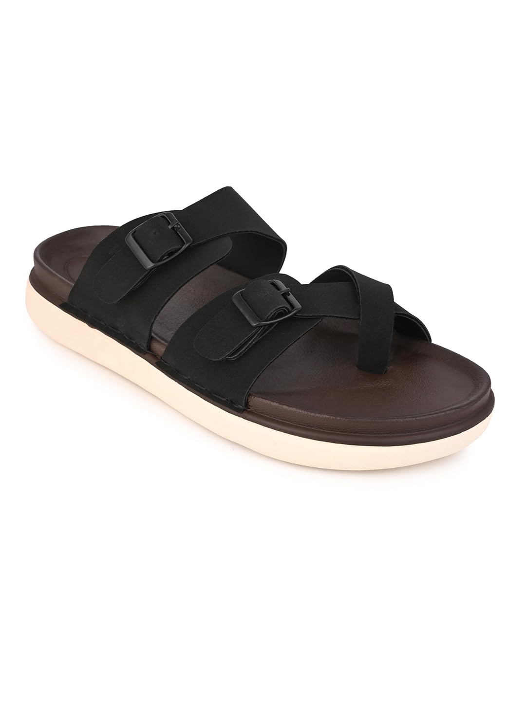 Men's Black Leather Slip-on Sandals with Double Buckle-picture-48