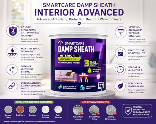Image of Asian Paint SmartCare Damp Sheath Interior Advanced Waterproofing Primer, Water-Based,Anti-Damp Primer for Interior Walls & Ceilings, With 3 inch Premium Brush | WHITE 1 LTR