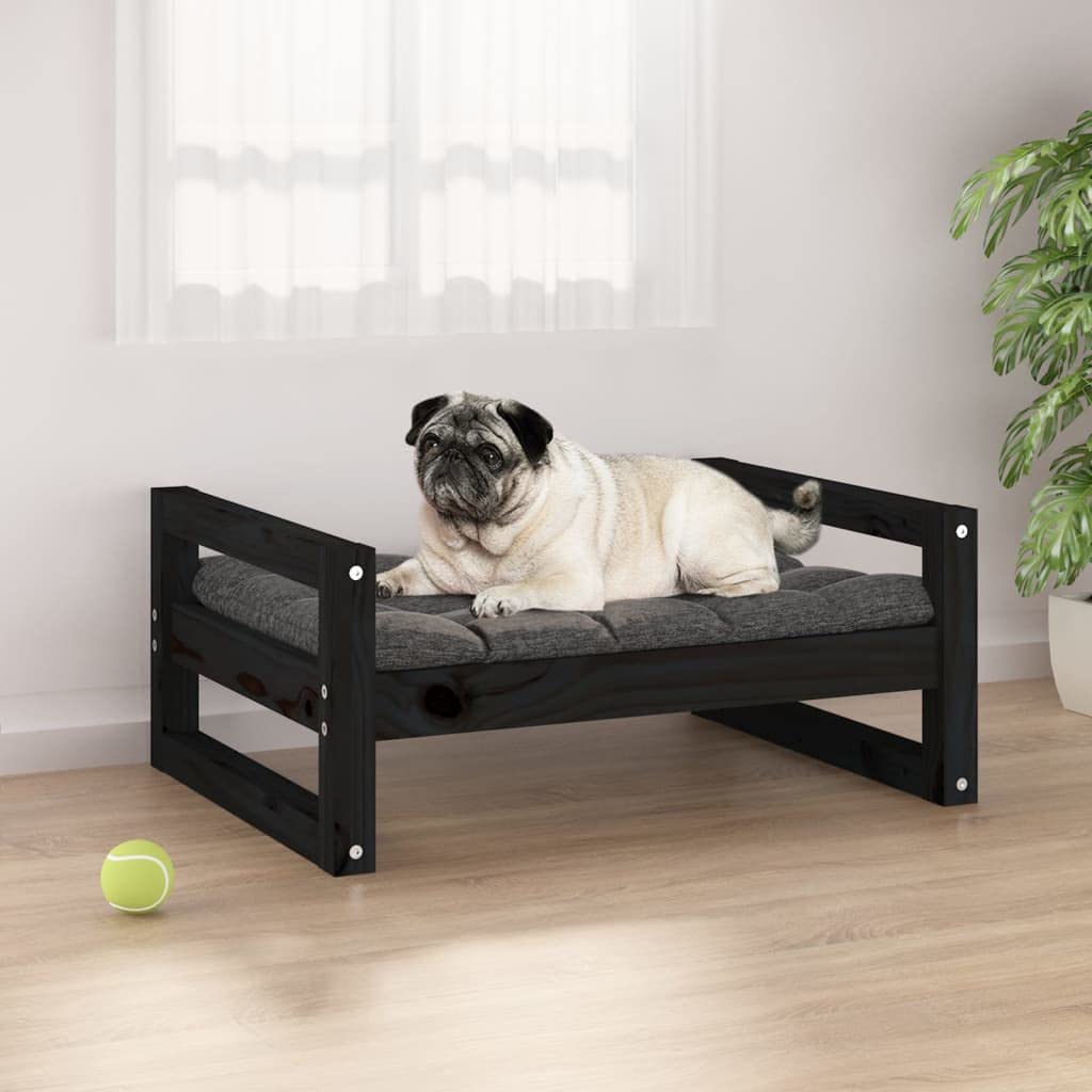 Cuccia per cani nera, 65,5 x 50,5 x 28 cm, in legno massello di pino con cuscino lavabile, per interni ed esterni, per cuccioli e animali domestici
