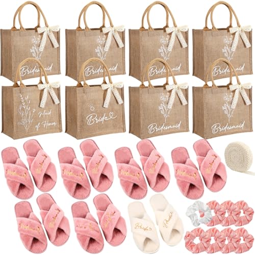 24 Pcs / 8 Sets Bridesmaid Gift Bags Burlap Jute Tote Proposal Bag Including 8 Pairs Bride Bridesmaid Slippers and Scrunchies 1 Lace Ribbon for Bridal Wedding Parties