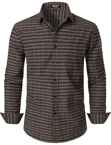 JEMITOP Herren Übergangshemd Slim Fit Langarm Button Down Hemd Business Casual Kleid Hemden mit Tasche, Braunes Gingham, L