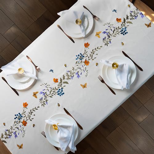Image of Embroidered Cotton Tablecloth, Flutter Bloom, 60 x 75 in | Premium heavyweight chambray cotton, all-over embroidery, 4-seater rectangle, machine washable, elegant dining and hosting