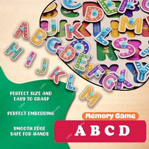Image of Lefan Wooden Alphabet Puzzle with Pegs - A to Z ABC Learning Board for Toddlers - Montessori Educational Toy for Kids Age 2+ - Early Literacy Development