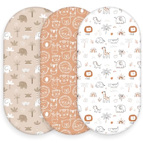 Image of Baby Bassinet Sheets, 3 Pack Fitted Bassinet Mattress Sheets, Compatible with Halo Bassinest Swivel Sleeper & Oval Hourglass Rectangle Mattress, Ultra Soft Orange Animal World