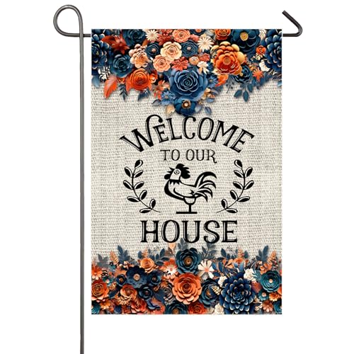 Welcome To Our House Garden Flag 12x18 Inch Double Sided Boho Flowers Chicken Floral Yard Flag for Outside Seasonal Farmhouse Decor Garden Lawn Yard Outdoor Decorations
