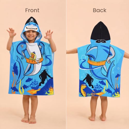 Image of Kids Poncho Towel 120x60 CM, Shark Pirate, Aqua Blue
