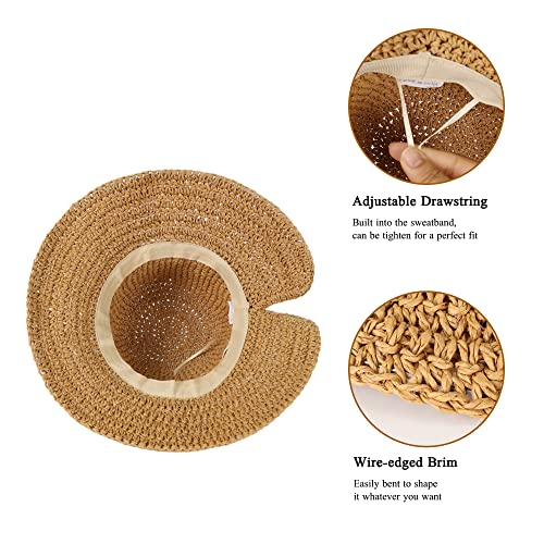 Floppy Straw Sun Hat Foldable Packable Wide Brim Summer Beach Hat Crochet Bucket Hat With Bow For Women (B Khaki) #TOP3