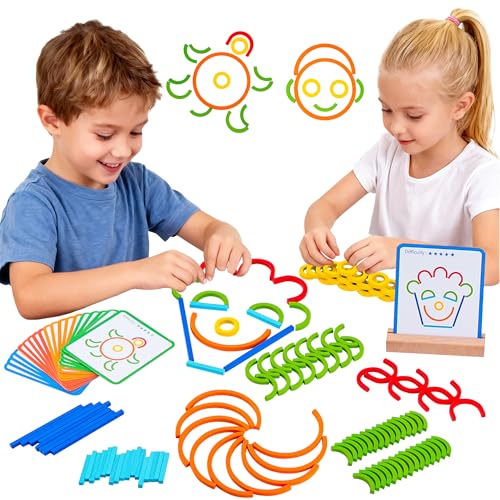TINYLENS Montessori Smart Sticks and Rings Set with Challenge Cards 120PCS Creative STEM Kit with Wooden Pattern Blocks for Kids Preschool Learning Activities and Classroom Use