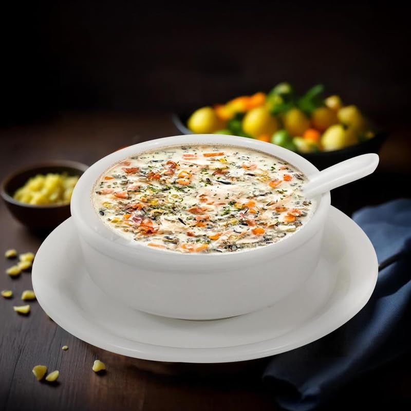 Image of Ariya Melamine French Soup Bowl Set of 12 (350 ml, White /Gold) with Spoons & Saucers|Premium Soup Serving Bowls|Microwave & Dishwasher Safe|Durable Bowls for Soup, Noodles, Cereal & Pasta