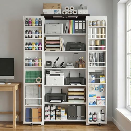 NEWOWNDS Craft Storage Cabinet with LED Lights 72 Adjustable Shelves Scrapbooking Storage Compatible with Cricut Machine Multi-Purpose cricut cart Cabinet for Craft Room