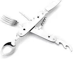Talher Multifuncional de Aço Inoxidável 6 em 1 Acampamento e Pescaria Colher, Garfo, Faca, Saca-rolhas, Abridor e Alargador