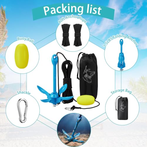 Image of MorningRo 1 Pack 1.5 /3.5 lb Marine Kayak Anchor Kit with 40ft Rope and Buoy Folding Grapnel Boat Anchor Kit Kayak Fishing Accessories for Small Boats, Canoe, SUP Paddle Boards