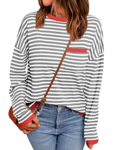 Image of LILLUSORY Womens Striped Soft Knit Pullover Sweater Loose Fit Shirts with Chest Pocket