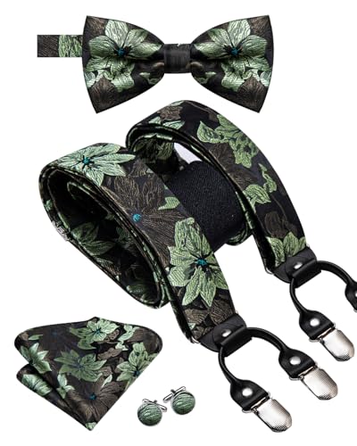 Image of Hi-Tie Suspender Bowtie Green Brown for Men Adjustable Y-Shape 6 Clips Trouser Braces Pre-Tied Bow Tie with Handkerchief Cufflinks
