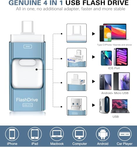 Image of ZARMST Flash Drive for iPhone 256GB, 4 in 1 USB Type C Memory Stick, Photo Stick External Storage Thumb Drive for iPhone iPad Android Computer, Sky Blue
