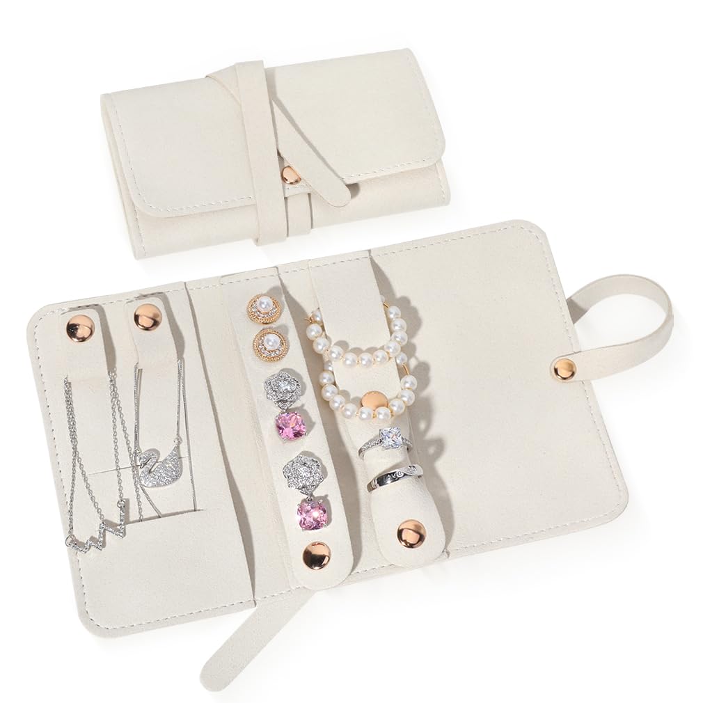 iSuperb Leather Jewelry Case Travel Jewelry Organizer Foldable Jewelry Roll for Journey Rings, Necklaces, Earrings, Bracelets, Brooch Buttons (Beige)