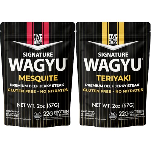Five Star Wagyu Variety Beef Jerky, Soft & Mouth Melting Tender, Award-Winning Premium Snack, No Artificial Ingredients, Premium Gift Snack, Nitrate/Nitrite-Free, Gluten-Free, Wagyu Beef Snacks (2 Ounce (Pack of 2), Variety)